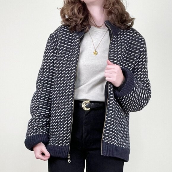Vintage L.L. Bean Wool Knit Bomber Jacket Coat Sweater Fleece Lined Sweater 90s - Picture 1 of 10